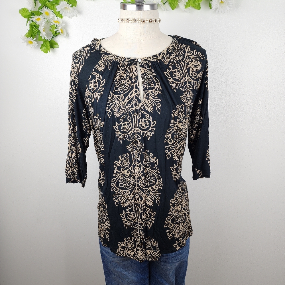 Lucky Brand Black and Cream Flowy Top Sz 1X